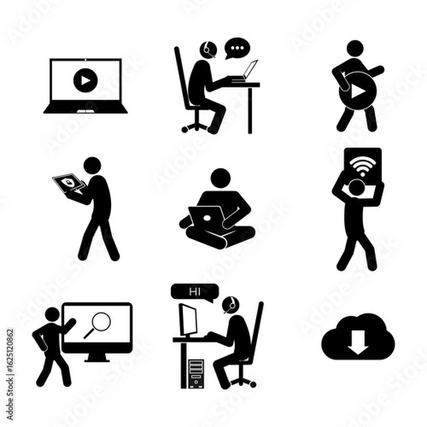 Fototapeta Set of stick figures, internet technologies and social networks isolated on white background, flat vector illustration.
