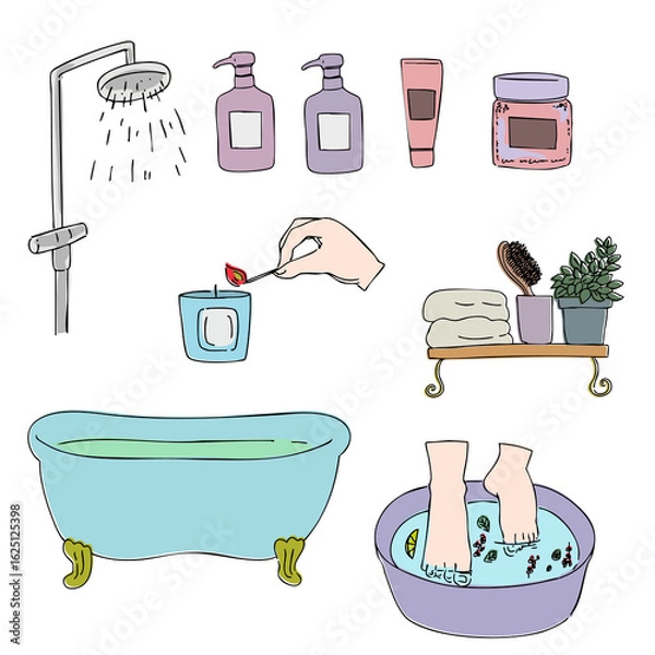 Obraz お洒落なお風呂の小物アイコンセット・バスルーム・癒し・ラベル・挿絵