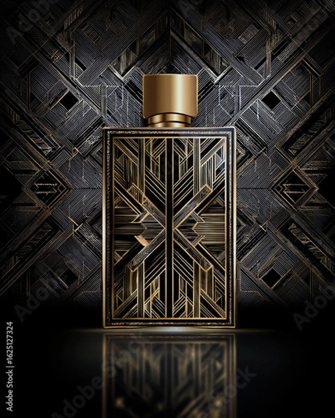 Fototapeta Art Deco style: luxury perfume packaging background, black and gold geometric pattern, elegant symmetry, high-class texture