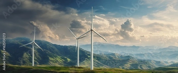 Obraz The wind turbines against a dramatic sky with rolling green hills and clouds.