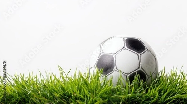 Fototapeta The soccer ball resting on lush green grass in a tranquil setting.