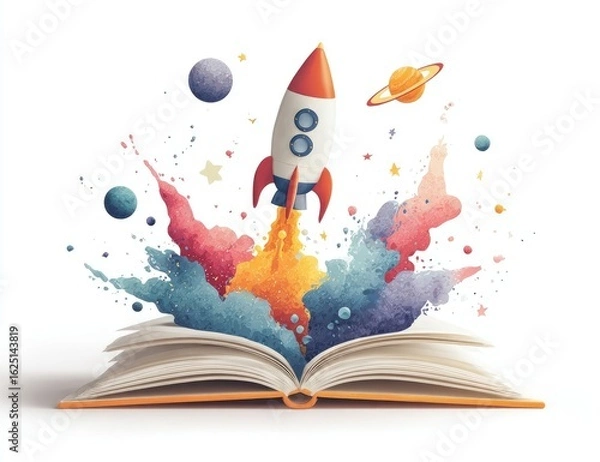 Fototapeta Open book with rocket launch exploding in colorful paint