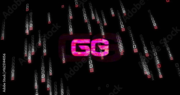 Fototapeta Streaming glitchy GG logo cascading binary rain across hacking interface, with digital code