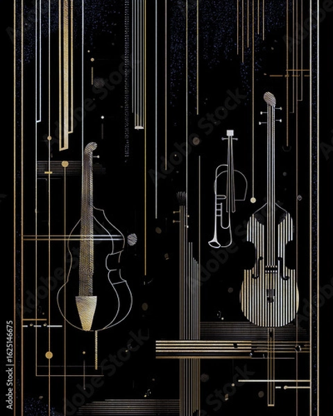 Fototapeta Art Deco style: jazz poster background, stylized instruments, gold lines, vintage performance mood