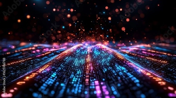 Fototapeta Colorful, abstract image of a cityscape with bright lights and a lot of numbers. Concept of energy and excitement, as well as the idea of a futuristic, high-tech environment