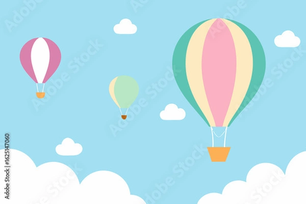 Fototapeta Colorful hot air balloons floating in a clear blue sky with clouds vector illustration