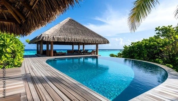 Obraz Luxurious Tropical Resort with Infinity Pool, Ocean View, and Thatched Roof Gazebo