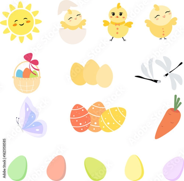 Obraz Happy Easter. Set of Easter elements: sun, chickens, eggs, butterfly on a white background. For banners, cards, social networks. Vector