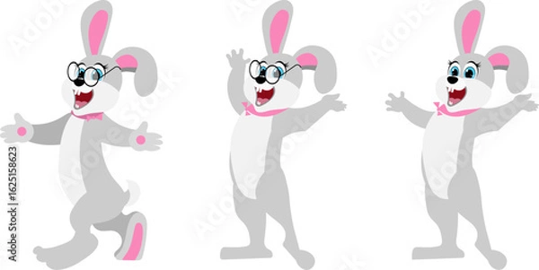 Obraz Cute animals. Set of cute cartoon rabbits. Cute rabbit with glasses in different poses.