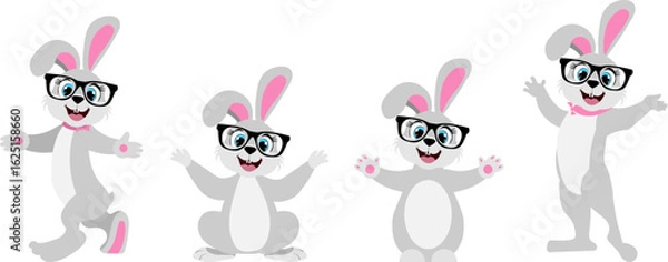Obraz Cute animals. Set of cute cartoon rabbits. Cute gray rabbit with glasses in different poses.