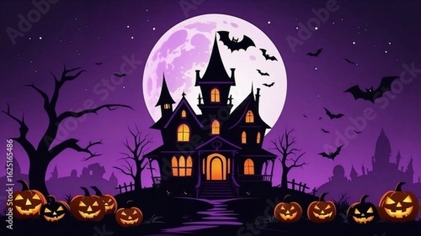 Obraz Minimalist illustration of Halloween witch castle in spooky night setting with magical atmosphere and fantasy elements designed for seasonal celebration and creative storytelling