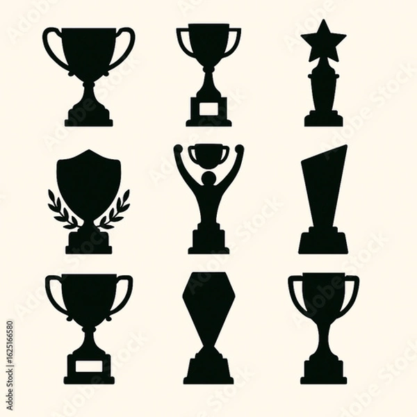 Fototapeta Nine black trophy and award silhouettes arranged in a 3x3 grid on a light beige background. Includes cups, shield, star, figure with cup, and modern shapes. Simple, abstract, and symbolic design.