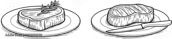 Fototapeta Black and white line drawing of two steaks on plates with a knife meat food