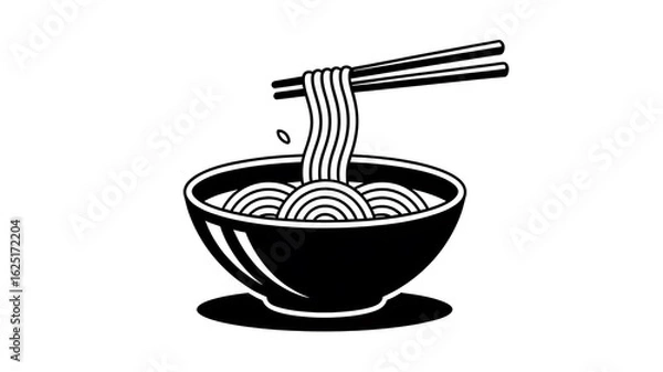 Fototapeta Noodles in a bowl, chopsticks lifting strands.
