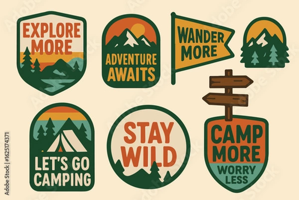 Obraz Retro outdoor camping badge illustrations with tents, mountains, forest signs, and adventure quotes. Perfect for travel patches, stickers, apparel prints, and wilderness exploration branding.