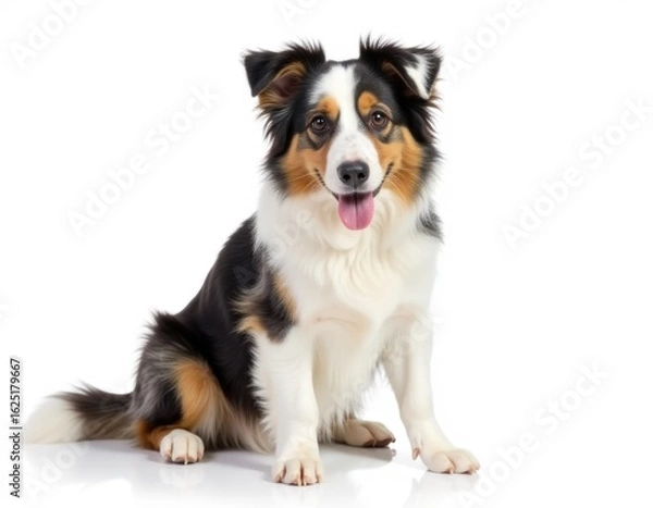 Fototapeta A dog sits on a white surface with a mix of black, white, and brown fur