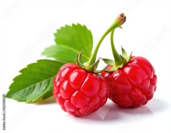 Fototapeta Fresh raspberries and their leaves arranged on a white background