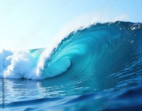 Fototapeta A powerful wave crashes into the ocean, with sea spray and foam visible