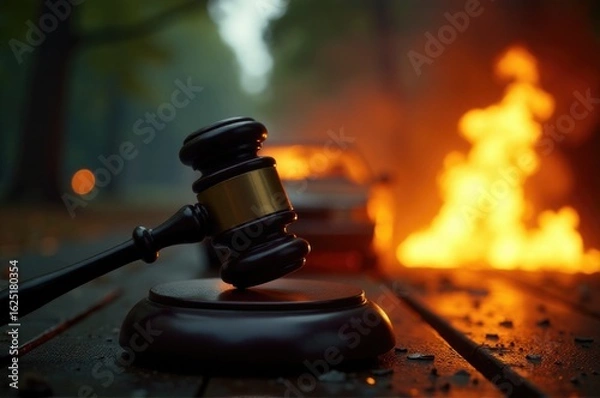 Fototapeta A simple illustration of a wooden gavel placed on a wooden table, often used in courtroom or law-related settings