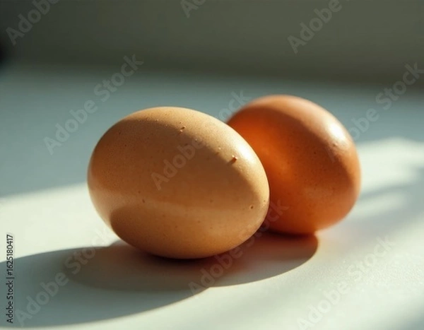 Fototapeta Two brown eggs sit atop a clean white surface, perfect for photography or cooking