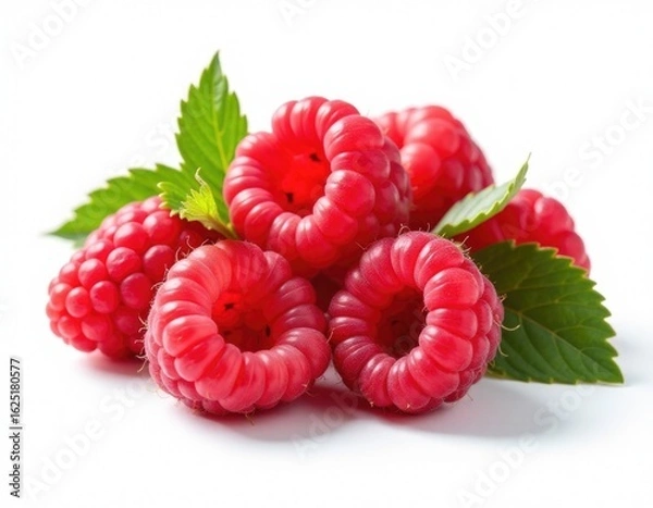 Fototapeta Fresh raspberries and green leaves arranged on a white background