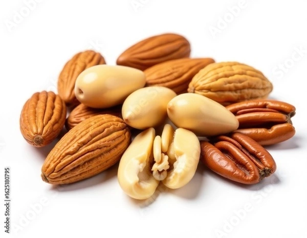 Fototapeta A collection of nuts on a white surface, great for use in still life compositions or as a prop