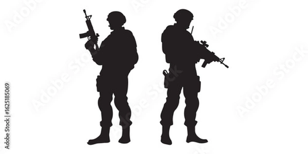Obraz Silhouette vector set of an American soldier holding a gun. On white background