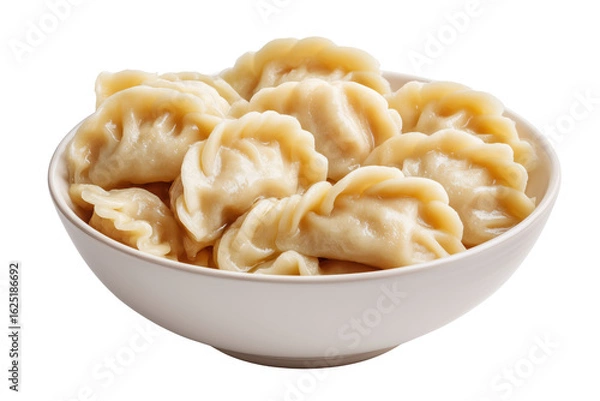 Fototapeta Bowl of steamed dumplings with crimped edges and translucent dough isolated on a transparent background