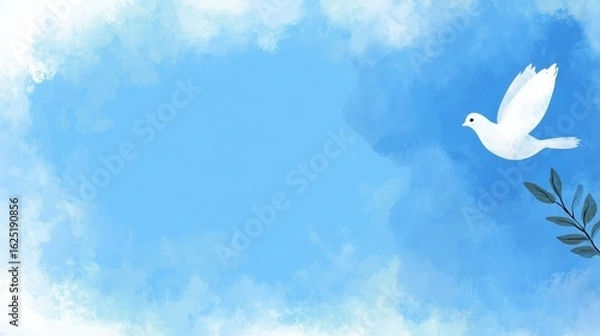Fototapeta Illustrative watercolor scene with a white dove and olive branch against soft blue background, ideal for wallpaper, poster, peace - themed design and serene decor.