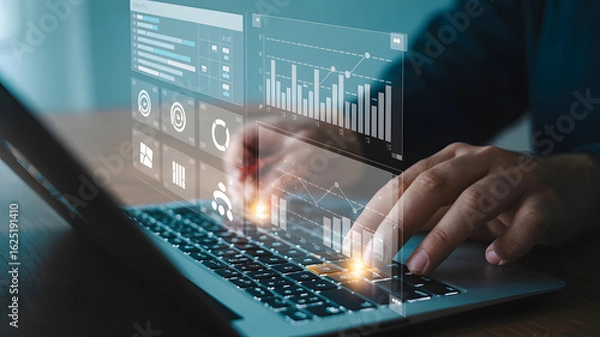 Fototapeta Analyze financial data and present insights with dynamic digital charts on a modern laptop interface