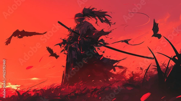 Fototapeta Solitary Vow: Crimson Winds Over Silent Fields