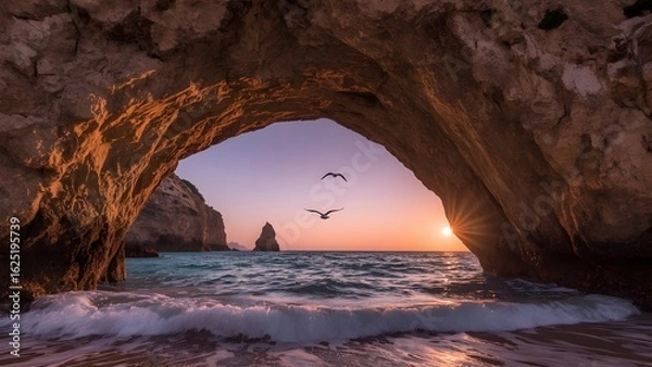 Fototapeta Serene Sunset Through Coastal Rock Arch with Ocean View and Seagulls – Tranquil Nature Landscape