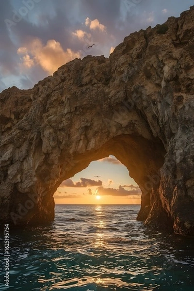 Fototapeta Serene Sunset Through Coastal Rock Arch with Ocean View and Seagulls – Tranquil Nature Landscape