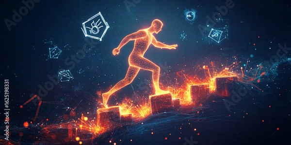 Obraz Abstract man made of light stepping over obstacles, digital growth symbols swirling around, 2030 progress.