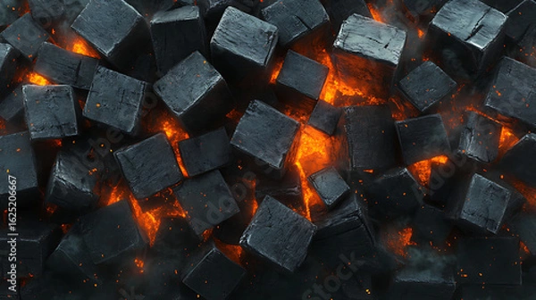 Fototapeta A close up of black cubes with orange light shining through the cracks