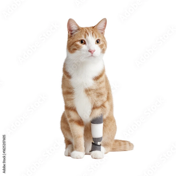 Fototapeta Cute ginger cat with bandage on paw sitting calmly, showcasing adorable expression and playful demeanor