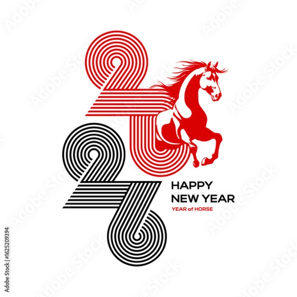 Fototapeta Red fire Horse is a symbol of the 2026 Chinese New Year on white background. Horses head in a zero number round decor frame. Vector illustration of zodiac sign for greeting card, poster,calendar