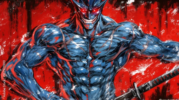 Fototapeta Blade of Dread: The Blue Tyrant Beneath Crimson Skies