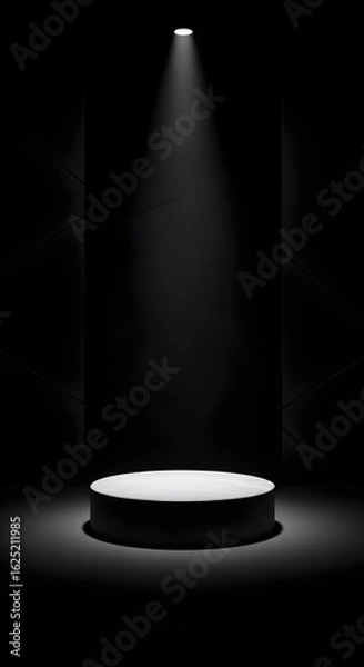 Obraz Minimalist black stage with a white podium illuminated by a single spotlight, product presentation