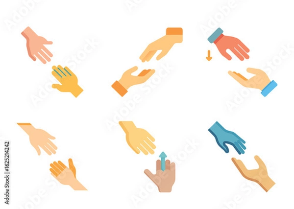 Fototapeta Diverse flat vector hand icons demonstrating giving, receiving, and assistance concepts