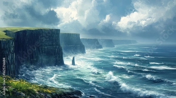 Fototapeta Dramatic Cliffs of Moher Painting with Crashing Waves and Cloudy Sky