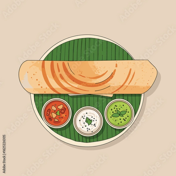 Fototapeta Deliciously authentic south indian dosa served with chutneys and sambar