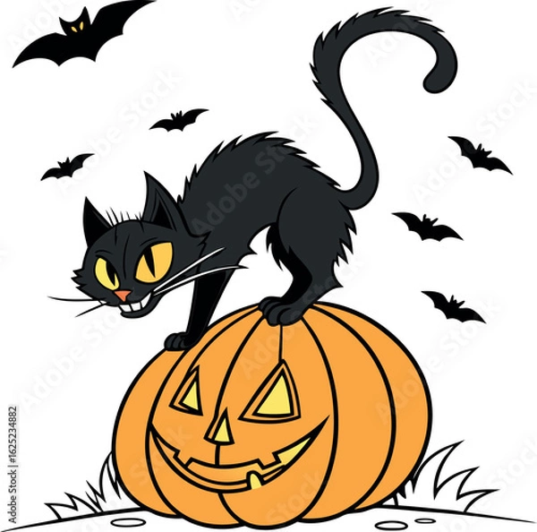 Fototapeta Halloween Pumpkin Cat and Bats Vector Illustration
