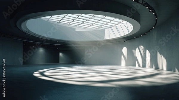 Fototapeta Empty modern showroom with a circular skylight sun rays creating dramatic shadows on the pristine floor