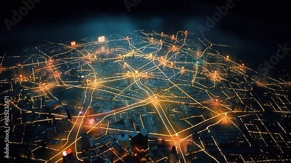 Fototapeta City skyline illuminated at night features vibrant lights and intricate street patterns creating a stunning aerial view