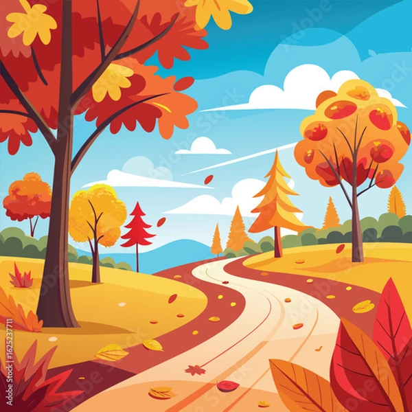 Obraz Autumn landscape with colorful trees and sunset sky in vector illustration style