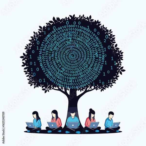 Fototapeta Digital learning and data analysis under a technological tree fostering knowledge growth