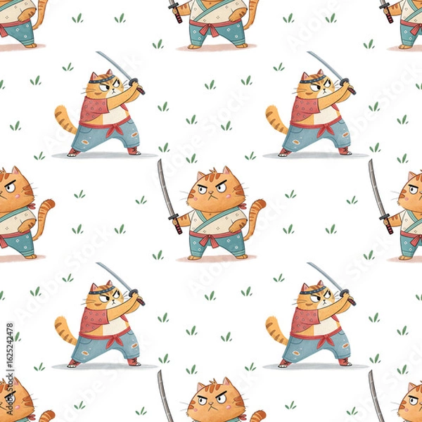Fototapeta seamless watercolor pattern cat on white background