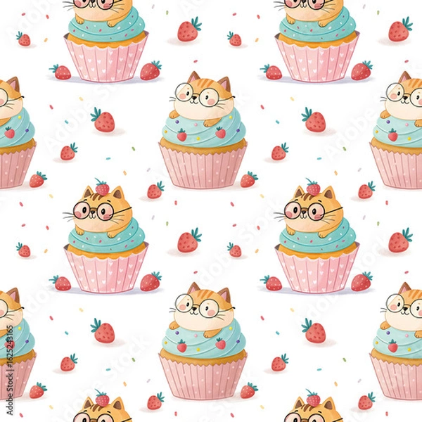 Fototapeta seamless watercolor pattern cat on white background
