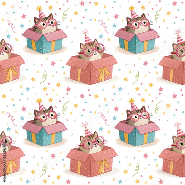 Fototapeta seamless watercolor pattern cat on white background